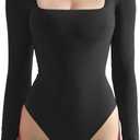 SUUKSESS Women Square Neck Long Sleeve Bodysuit Sexy Thong Bodysuit Shirts (Size Medium, Black)