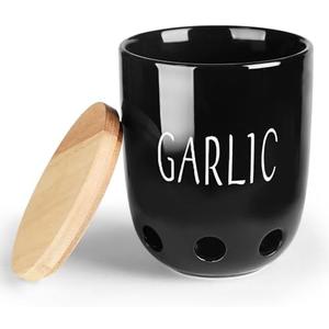 HAOTOP Ceramic Garlic Keeper for Counter, Garlic Saver Container with Wood Lid, Garlic Keeper for Kitchen, Garlic Holder to Keep Your Garlic Cloves Fresh Longer (Black)