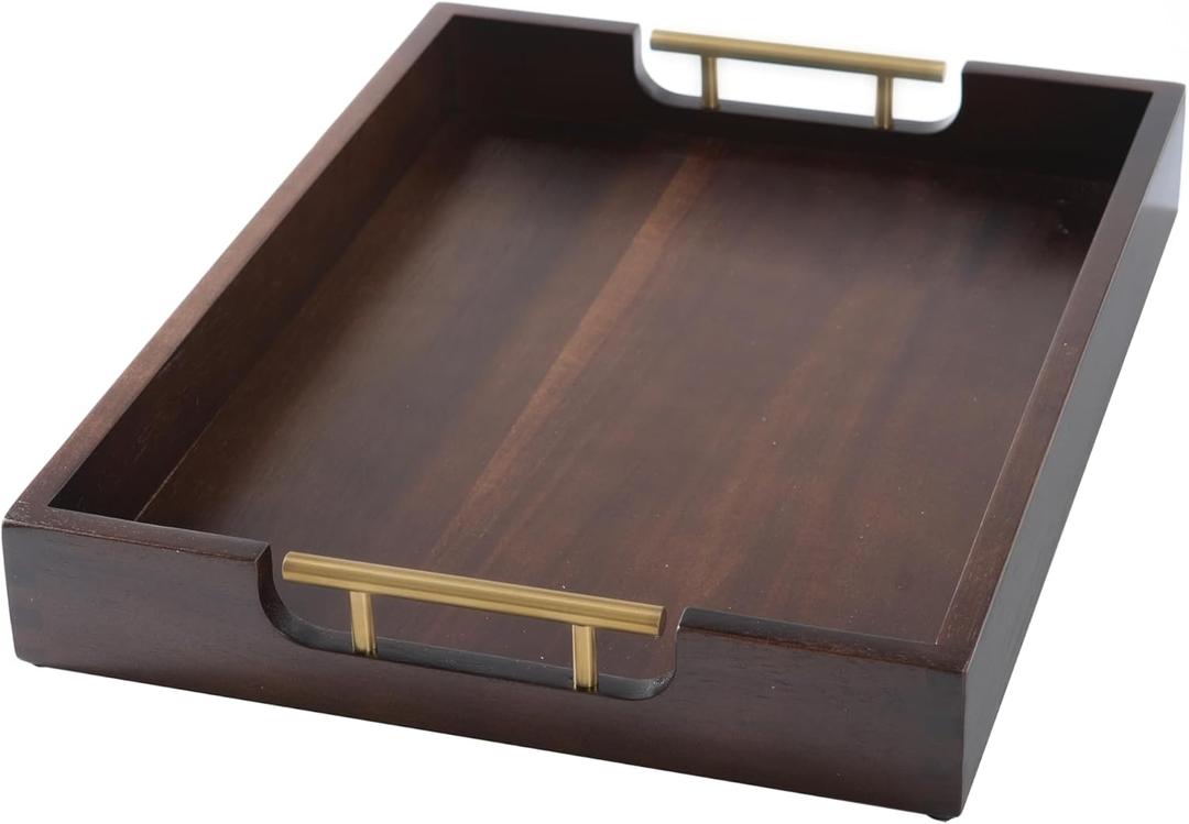 Joy&Grace Ottoman Tray for Living Room 16.7 x 12.8 inch Large Acacia Wooden Serving Tray with Handles for Coffee Table, Breakfast in Bed, Food Dinner, Decorative Rectangular Tray (Dark Brown)