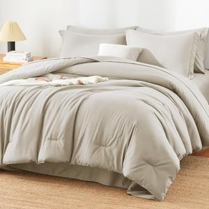 Queen Comforter Set - 7 Pieces Bed in a Bag Queen Size, Luxury Comforter Set with Sheets for All Season, Bed Set with Comforter, Flat Sheet, Fitted Sheet, Pillowcases & Shams, Beige