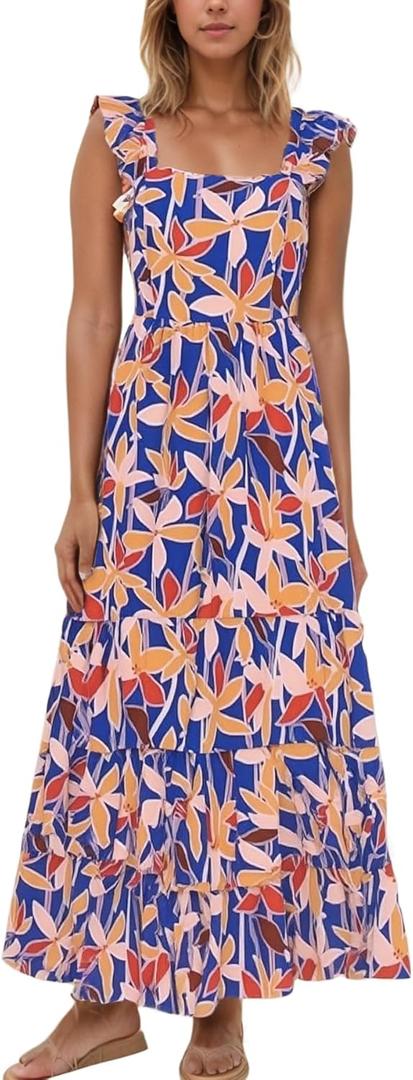 2025 Women's Summer Boho Floral Maxi Dress with Pockets - A-Line Smocked Tiered Ruffle Sleeveless Beach Sun Dress (Blue)