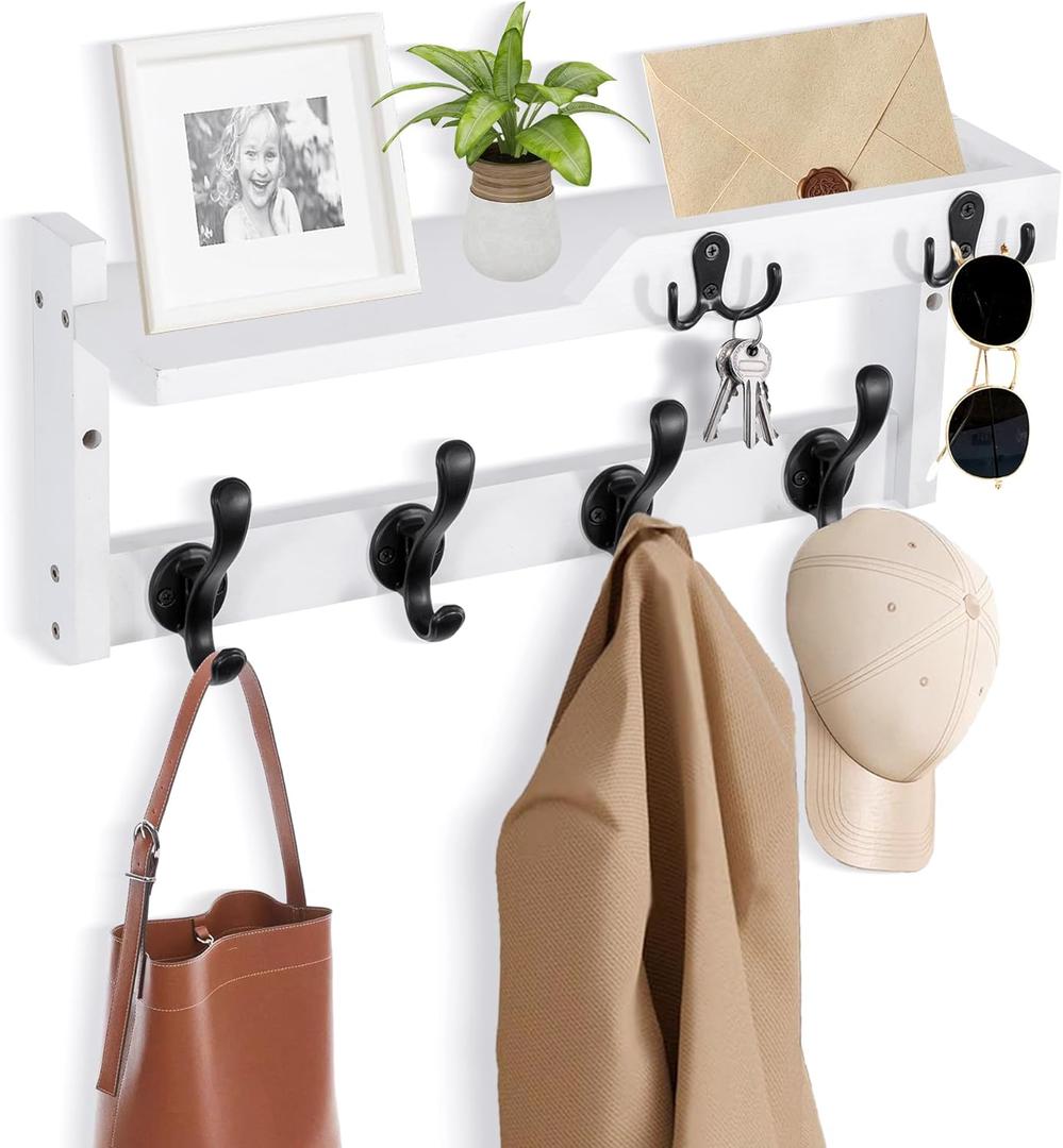 Coat Rack Wall Mount with Shelf, Coat Hanger Wall Mount with Key Hooks and Mail Holder, Wood Entryway Floating Shelf with Hooks and Storage, Hat Rack for Wall Key Holder Mail Organizer (16.6 Inch Long, White)