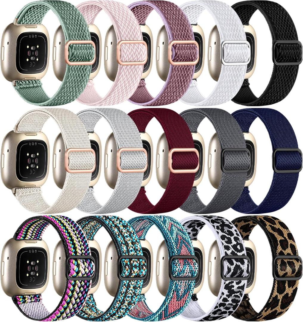 15 Pack Elastic Bands Compatible with Fitbit Sense & Versa Bands, Comfortable Nylon Solo Loop Replacement Strap for Women & Men (ONLY For Versa 3/Versa 4/Sense/Sense 2)