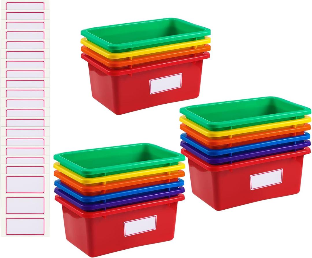 Outus 16 Pcs Plastic Cubby Bins Bulk for Classroom Organization Small Stackable Book Bins Toy Storage Tubs Organizer Container Box with 120 Self Adhesive Label for Library School Office Home, 6 Colors