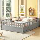 Bellemave Full Size Floor Bed with Slats and Door, Full Size Montessori Floor Bed with Rails, Easy Assemble Montessori Beds Frame for Bedroom, Gray
