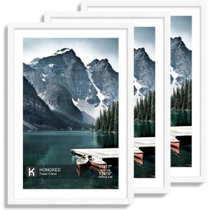 Hongkee 13x19 Picture Frame Set of 3 - Display 11x17 Photo with Mat or 13 x 19 Poster without Mat, Wall Mounting Horizontal and Vertical, White