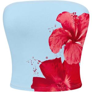 MakeMeChic Women's Floral Summer Tops Strapless Tube Crop Tops Backless Bandeau Top (Medium, Blue)