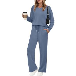 WIHOLL Lounge Sets for Women 2025 V Neck 2 Piece Outfits Airport Wide Leg Pants Matching Set Sweatsuits (Medium, Dusty Blue)