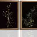 2Pcs Framed Canvas Wall Art Vintage Green Forest Plant Botanical Prints Dark Floral Prints Minimalist Modern Art Vintage Wall Decor for Bedroom Living Room, Bathroom,16x24in