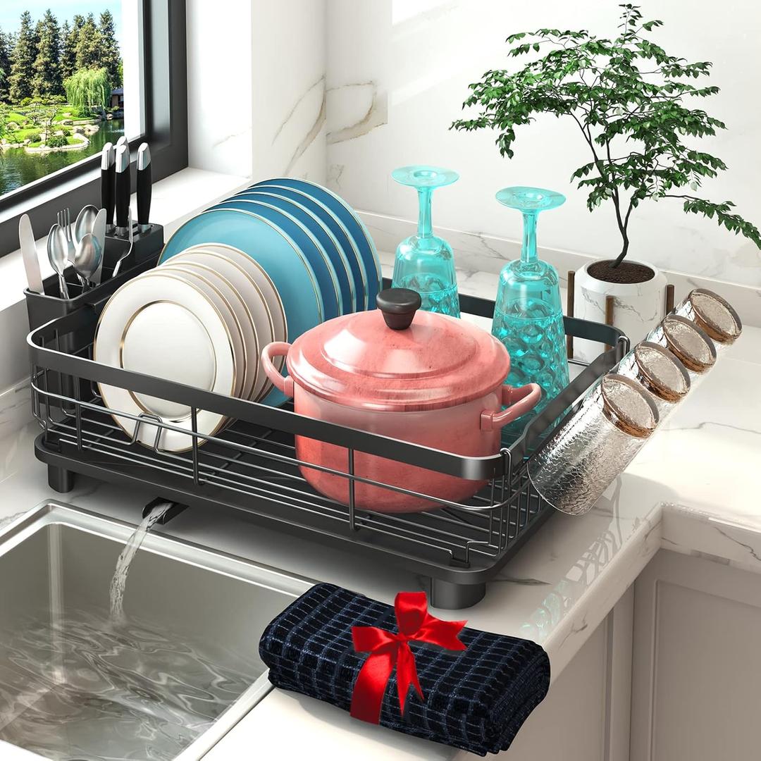 Godboat Dish Drying Rack, Dish Rack with Auto-Drain & Mat, Dish Drainers for Kitchen Counter, Glass Organizer for 4 Cups, 3 Slots Utensil Holder, Gifts for Women Mothers Day, Kitchen Gadgets & Decor (Large/(1-Tier))