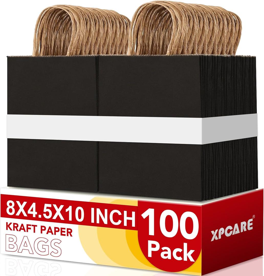XPCARE 100Pack Black Paper Bags 8x4.5x10 Inch, Plain Medium Paper Bags with Handles Bulk, Kraft Paper Gift Bag, Retail, Party, Shopping, Favor Bag