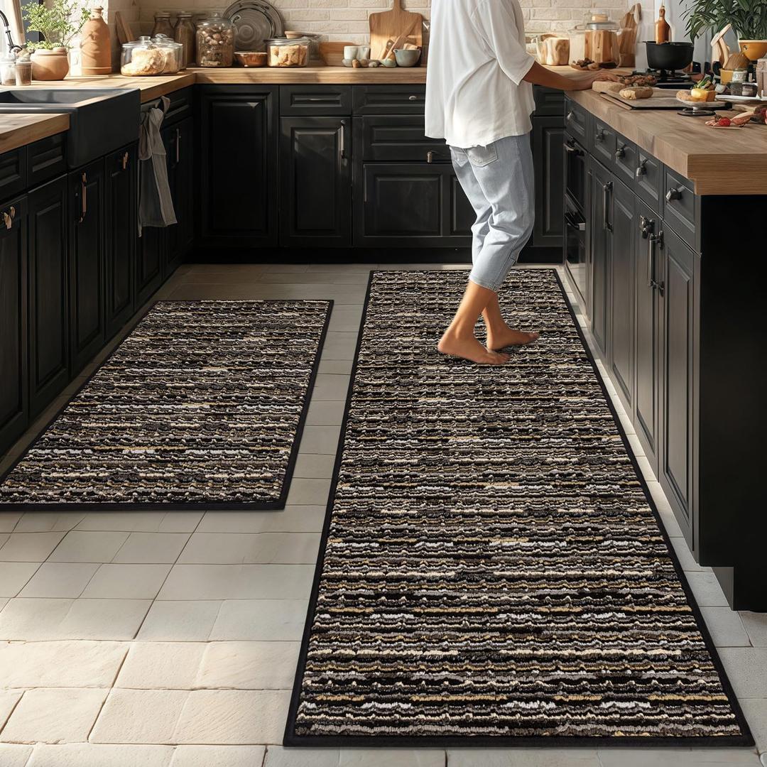 Kitchen Rugs Sets of 2-Non Slip Kitchen Mats for Floor-Thick Stain Resistant Vintage Kitchen Floor Mat Runner Carpet for Hallways Entryway Laundry Room WashableBlack 22"x59"+20"x32"