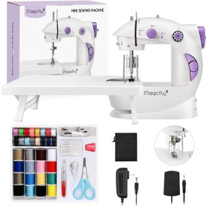 Magicfly Mini Sewing Machine for Beginner, Dual Speed Portable Machine with Extension Table, Light, Sewing Kit for Household, Travel (White)