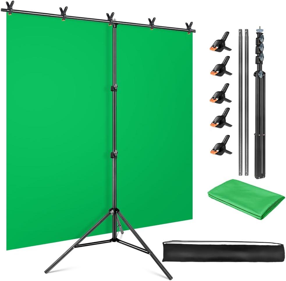 Green Screen Backdrop Kit, 5 x 6.5 ft Portable Chromakey Green Screen with T-Shaped Stand & Carrying Bag & 5 Clamps, Greenscreen Background for Streaming, Gaming, Zoom