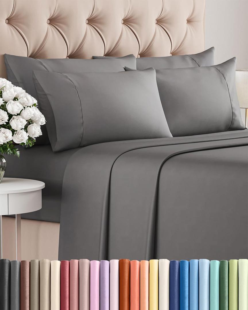 King 6 Piece Sheet Set - Comfy, Breathable & Cooling - Hotel Luxury Bedding for Women, Men, Kids, Teens & Children - 1 Flat & 1 Fitted Sheet & 4 Pillowcases w/ Deep Pockets - Wrinkle Free - Dark Grey