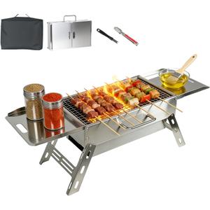 Portable Tabletop Charcoal Grill, Foldable Stainless Steel Mini BBQ Grill with Carry Bag, Lightweight Small Camping Picnic Travel Tailgating Patio Grill