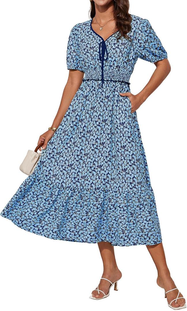 GRACE KARIN 2025 Women's Summer Floral Flowy A Line Midi Dresses Elegant Short Sleeve Smocked V-Neck Tiered Dresses (Medium, Blue)