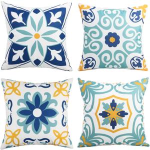 Pyonic Outdoor Waterproof Throw Pillow Covers Set of 4 Floral Printed and Boho Farmhouse Summer Outdoor Pillow Covers for Patio Funiture Garden 18x18 Inch Blue