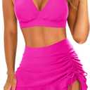 Yonique Women's High Waisted Bikini with Skirt Two Piece Swimsuit with Tummy Control Halter Bathing Suit (Medium, Hot Pink)