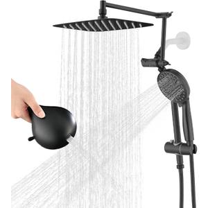 12" x 8" Rectangle High Pressure Rainfall Shower Head with Handheld Combo, 9 Setting Handheld Shower Head, Adjustable Height Shower Extension Arm and Slide Bar for Easy Reach - Matte Black