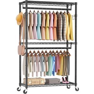 Sweetcrispy Rolling Clothes Rack, Heavy Duty Garment Racks 3 Tiers Portable Adjustable Wire Shelves with Wheels, Hanging Rods & Side Hooks Metal Freestanding Clothing Wardrobe Closet - Black (17.72"L x 47.2"W x 80.3"H)