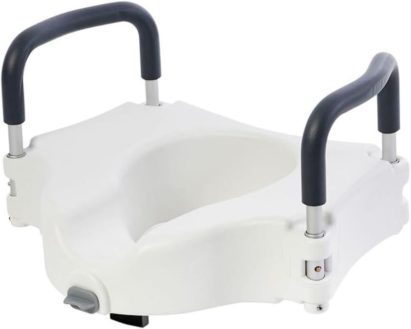 VMS Raised Toilet Seat with Removable Handles & Locking Seat | Adds 5" to Toilet Seat Height | Ergonomic Contour Design & Detachable, Padded Arms for Safety & Comfort for Seniors and Medical Home Care