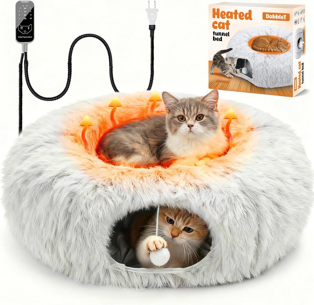 Heated Cat Bed Indoor  31.5'' Cozy Warming Donut Cat Tunnel Bed with Timer & Temp Adjustable, Removable Waterproof Electric Heating pad, Play & Rest in One, Treat Your Kitty to Warmth & Fun