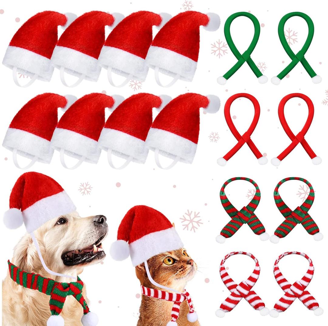 LEIFIDE Christmas Dog Santa Hat and Scarf Set - Adjustable Pet Hat With Chin Strap and 8 Mini Animal Scarves for Xmas Puppy Costume Holiday Party - Pet Supply for Dogs and Cats