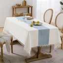 Softalker Outdoor Tablecloth Rectangle, Waterproof Linen Cotton Farmhouse Table Cloths with Tassel, Heavy Weight Wrinkle Free Boho Table Cover for Picnic Camping Dining - 55 x 70 Inch, Blue Stripe