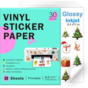 Printable Vinyl Sticker Paper for Inkjet Printer-30 Sheets Glossy White 8.5" x 11" Waterproof Labels Paper, Dries Quickly, Vivid Colors, Tear Resistant, DIY Christmas Stickers