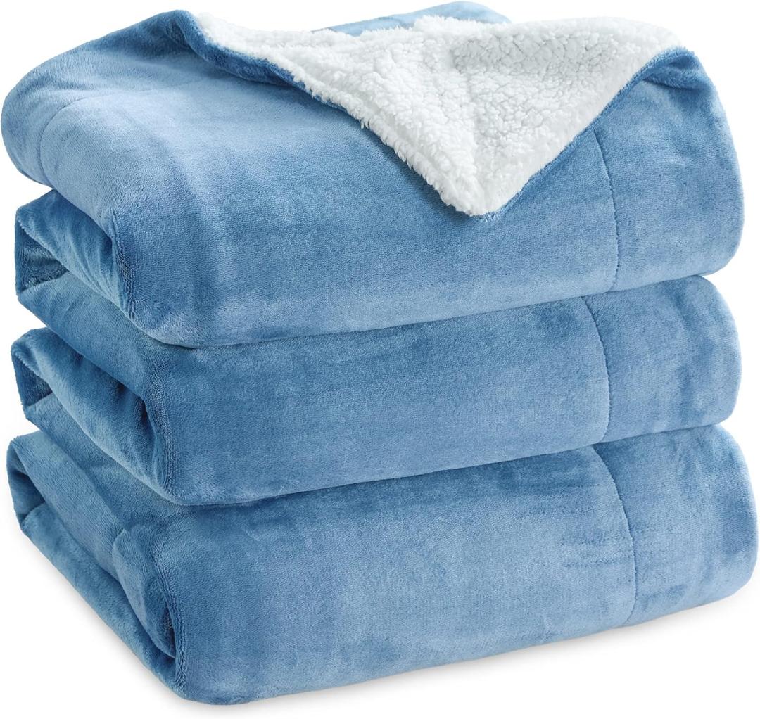 Bedsure Sherpa Fleece Blankets Queen Size for Bed - Thick and Warm, Soft Fuzzy Plush Queen Blanket for Winter, Washed Blue, 90x90 Inches