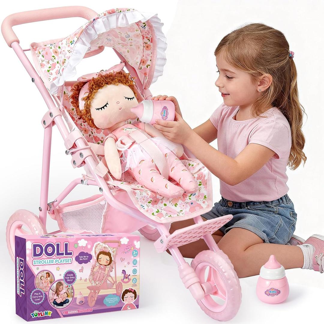 Baby Doll Stroller Toy Set for Girls Toddlers 3-5, 13.4" Baby Doll Accessories Set with Foldable Stroller & Bottle, Pretend Play Baby Toy Christmas Birthday Gifts for Kids 3 4 5 6 7 8 Year Old