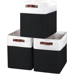 Large Fabric Storage Baskets | 50L Storage Bins, Decorative Linen Closet Baskets with Handles for Organizing, Shelf, Toys, Clothes, Home, Office, Nursery, 17x12x15Inches (Black&White)