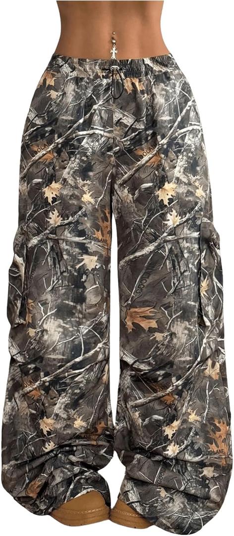 Verdusa Women's Camo Cargo Baggy Pants Y2K Streetwear Drawstring Wide Leg Trousers Flare Sweatpants (X-Large, Army Green)
