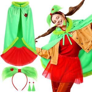 Jecery 4 Pcs Christmas Green Furry Costume Outfits for Women Lime Cloak Cape with Red Tutu Skirt Green Heart Dangle Earrings Furry Hair Bow Headband for Xmas Holiday Halloween Party