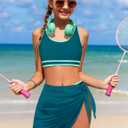 Girls Swimsuit Double Strap High Waist Sporty Bikini Swimsuits Swim Cover Up Skirt 3 Piece Set (Green, 17-18Y)