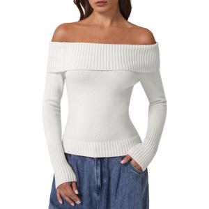 QINSEN Cotton Off The Shoulder Sweater for Women Long Sleeve Ribbed Knit Pullover Sweater Slim Fit Going Out Tops (Medium, Beige)