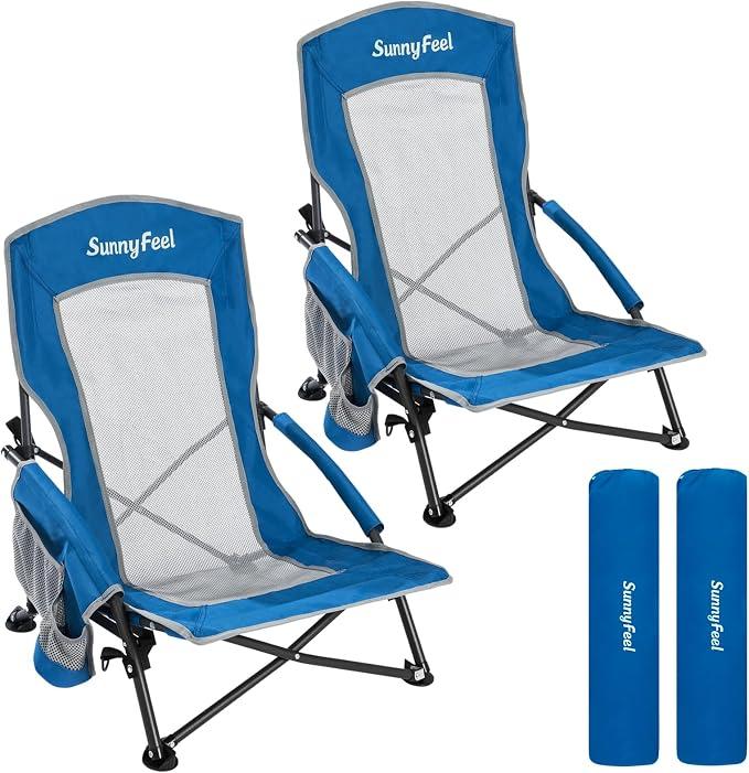 SUNNYFEEL Low Folding Beach Chair for Adults, Portable Lightweight Sling Beach Camping Chairs with Cup Holder, Armrest,Foldable Camp Lawn Chair for Outdoor Sand Concert Travel Sport Events,300LBS