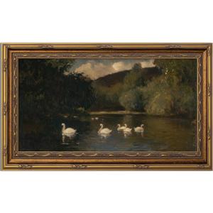 Yuantulan Vintage Swan Lake Landscape Wall Art Antique Gold Framed Print Size  23*12