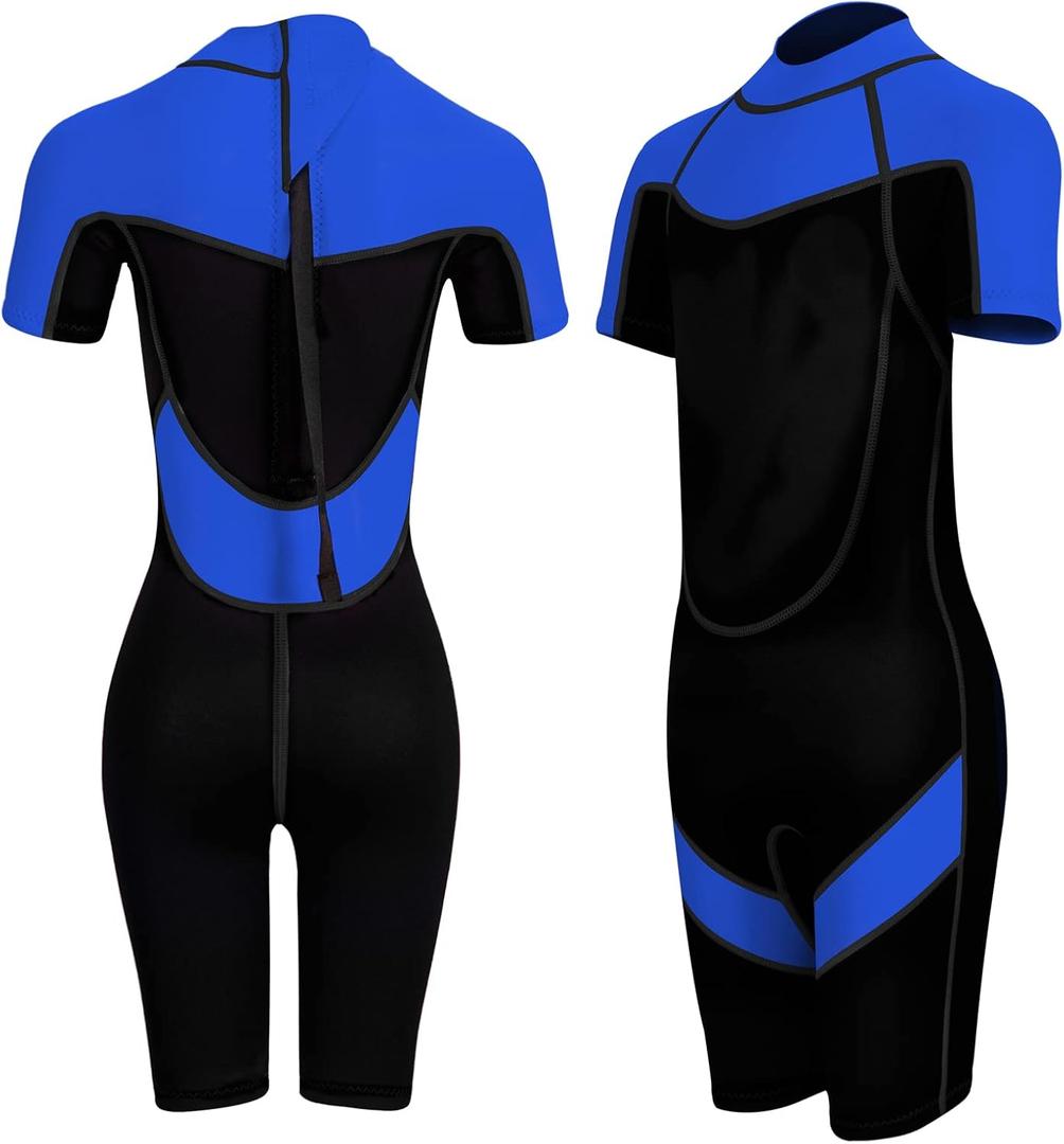 FLEXEL Kids Wetsuit for Boys Girls Toddlers, 2mm Back Zipper Shorty Wetsuit, 3mm Long Sleeve Back Zip Full Wetsuit, Neoprene Thermal Swimsuits for Diving Surfing Swim Lessons (Medium, 3mm Blue Shorty)