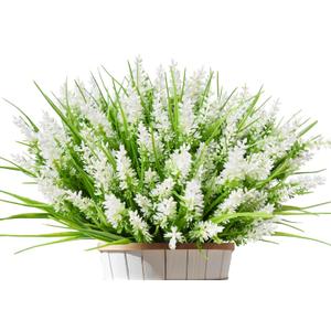 Artificial Flowers for Outdoors 12 Bundles Faux Lavender UV Resistant Fake Summer Monkey Grass Plants Plastic Greenery Shrubs for Outside Planter Porch Garden Patio Window Box Decorations, White