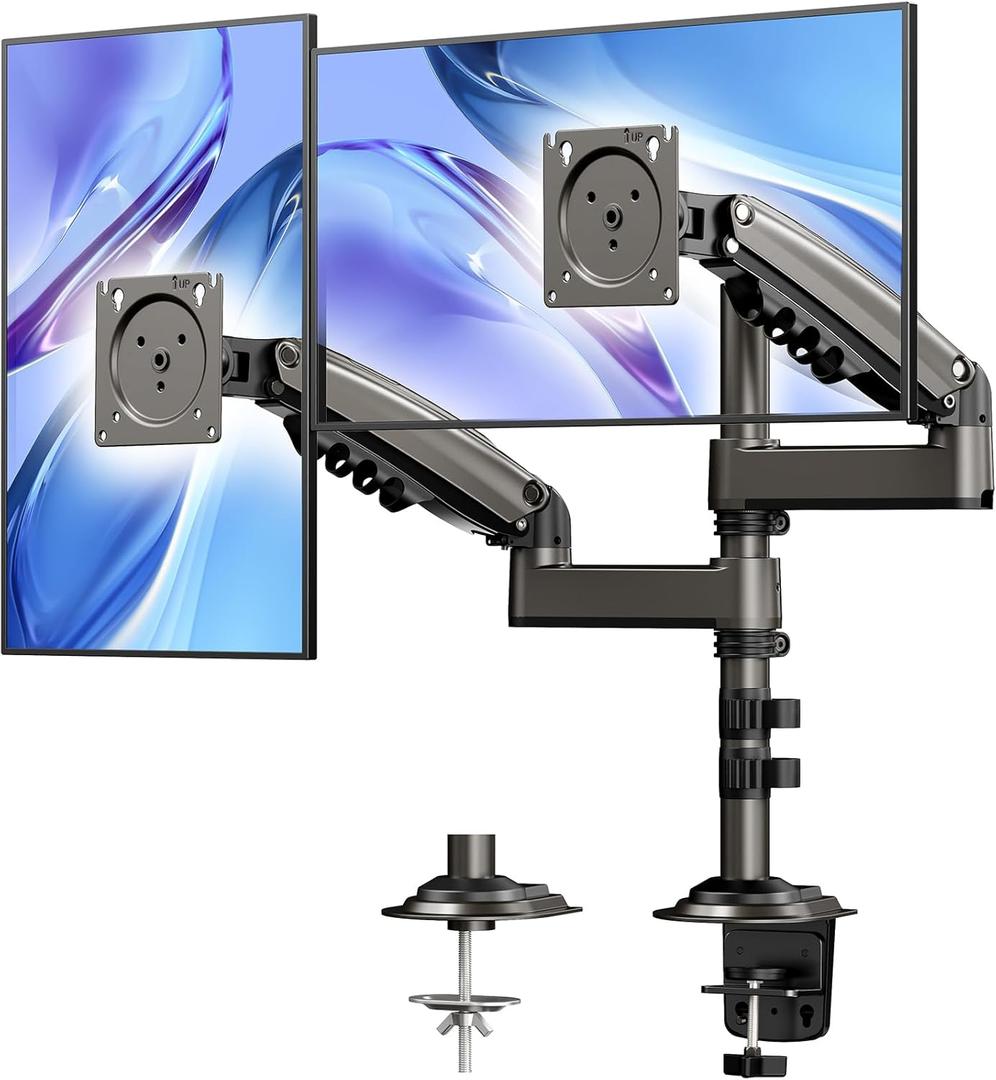 HUANUO 17-32 Inch Dual Monitor Stand, Vertical Dual Monitor Mount, Monitor Stand 2 Monitors, Ergonomic Adjustable Tilt/Swivel/Rotate, Weight Max 19.8 lbs, VESA 75/100mm