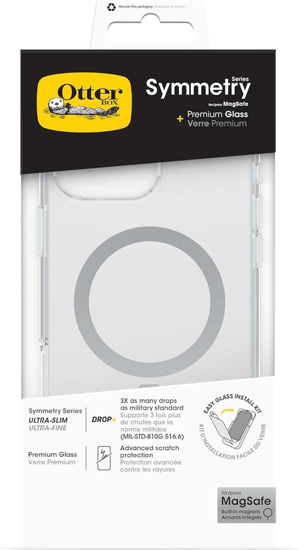 OtterBox Drop Protection Bundle for iPhone 15 Pro; Symmetry MagSafe Clear Case 3x Tested to Military Standard and Premium Glass Screen Protector advanced Antiscratch Technology, Clear