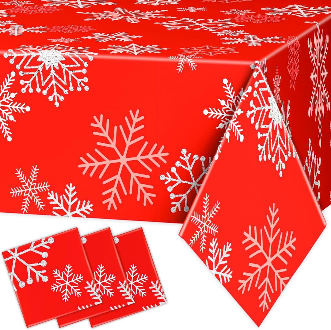 DYLIVeS 3 Pcs Red and Silver Snowflake Tablecloths, Christmas Frozen Snowflake Table Cover Disposable Plastic Winter Holiday Table Cloth for Christmas Birthday Party Decoration Supplies, 54 x 108 Inch