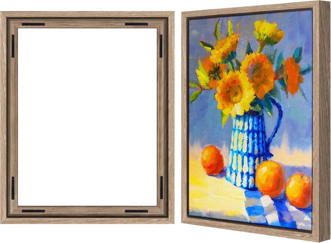 Americanflat 16x20 Canvas Floating Frame with Adhesive Strips Included - Vertical and Horizontal Floating Frame for Artwork - Canvas Frames for Wall Display - Oak