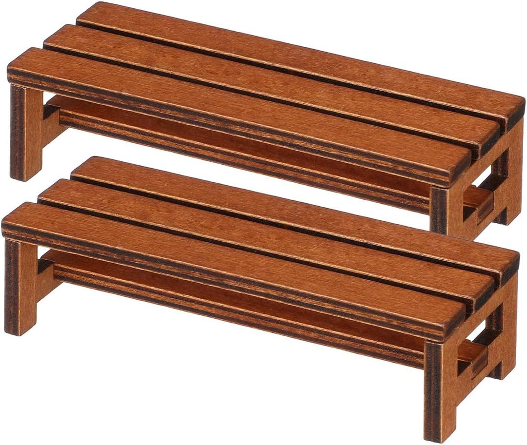ibasenice 2Pcs Miniature Dollhouse Bench Set - 1:12 Scale Wooden Park Chair Furniture Accessories, Tiny Brown Garden Benches for Fairy Gardens, Christmas Village, Crafts, and Photography Props