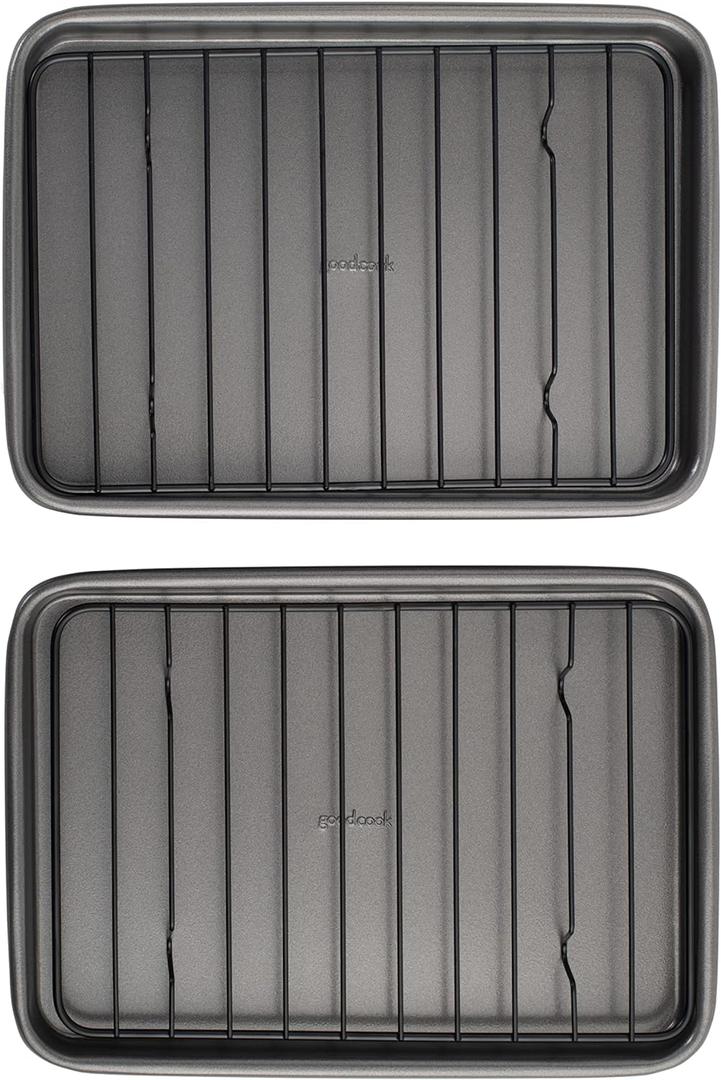 GoodCook Set of 2 Nonstick Steel 9" x 6.2" Toaster Oven Mini Baking Sheets with Racks, Gray