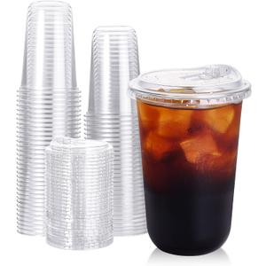 Turbo Bee 100 Pack - 16 oz Round Bottom Clear Plastic Cups with Strawless Sip - Lids, Disposable To Go Coffee Cups with Sippy Lids for Iced Coffee, Cold Drinks and Beverages
