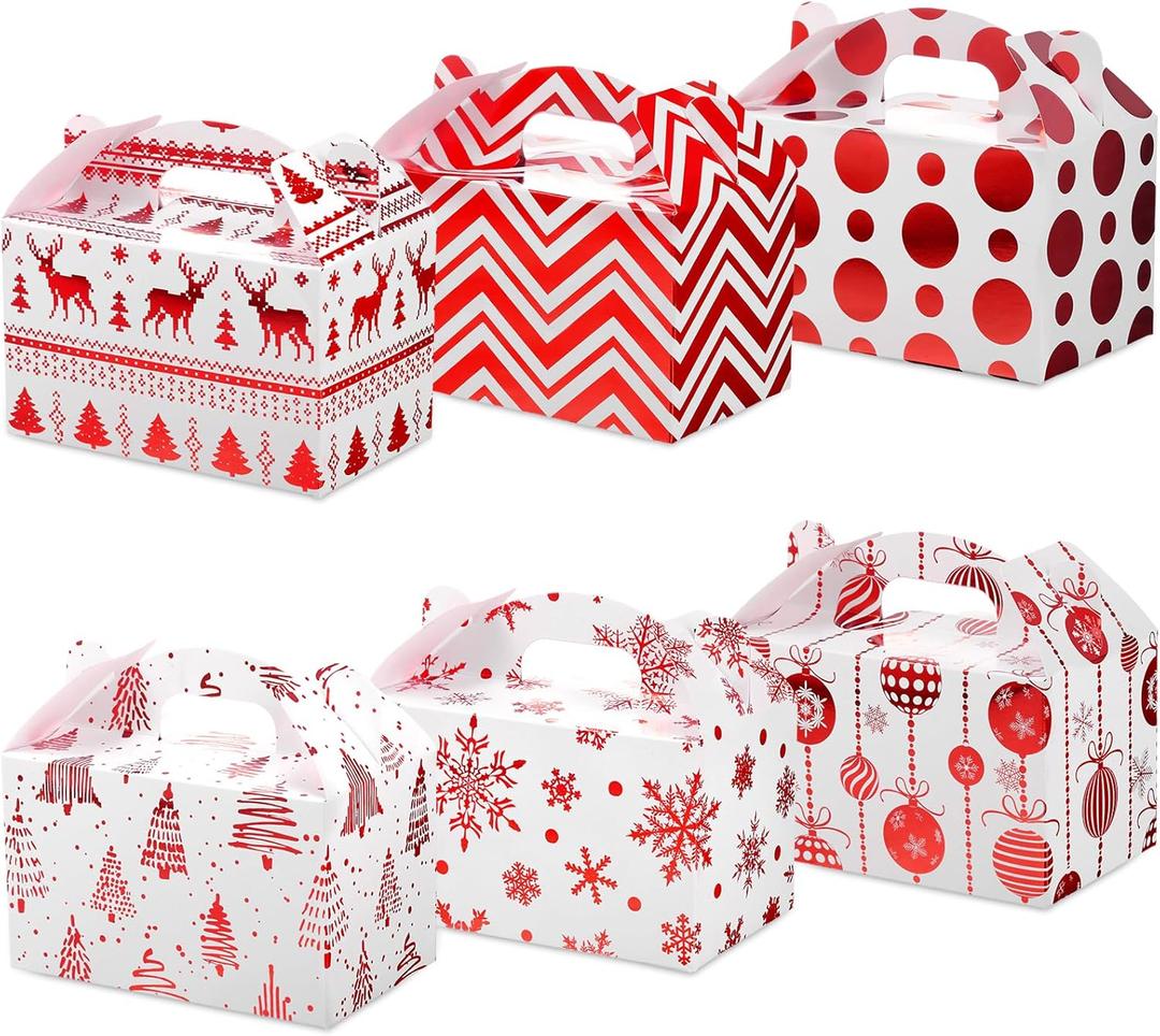 Faccito 24 Pack Christmas Treat Boxes Xmas Cardboard Gable Goody Candy Cookie Boxes Foil Gift with Handles for Gift Wrapping Holiday Party Favor Present Supplies, 6 Designs(Red)