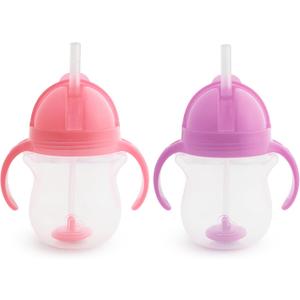 Munchkin Any Angle Sippy Cups for Toddlers, Spill Proof Weighted Straw Cup with Transition Handles for Babies 6 Months and Up, 7 Ounce, 2 Pack, Pink/Purple